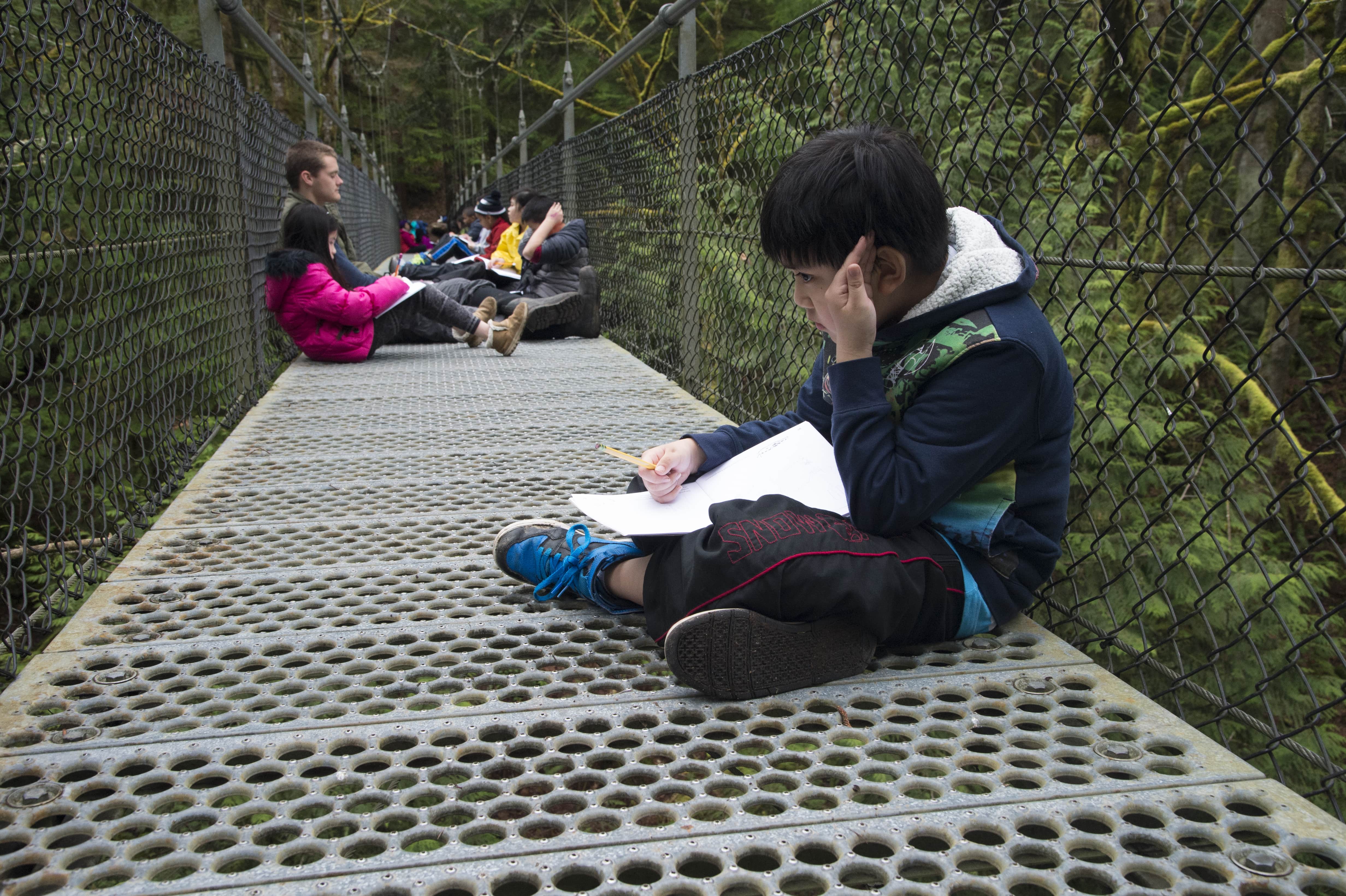 students engaged in Environmental STEAM Education on IslandWood's suspension bridge