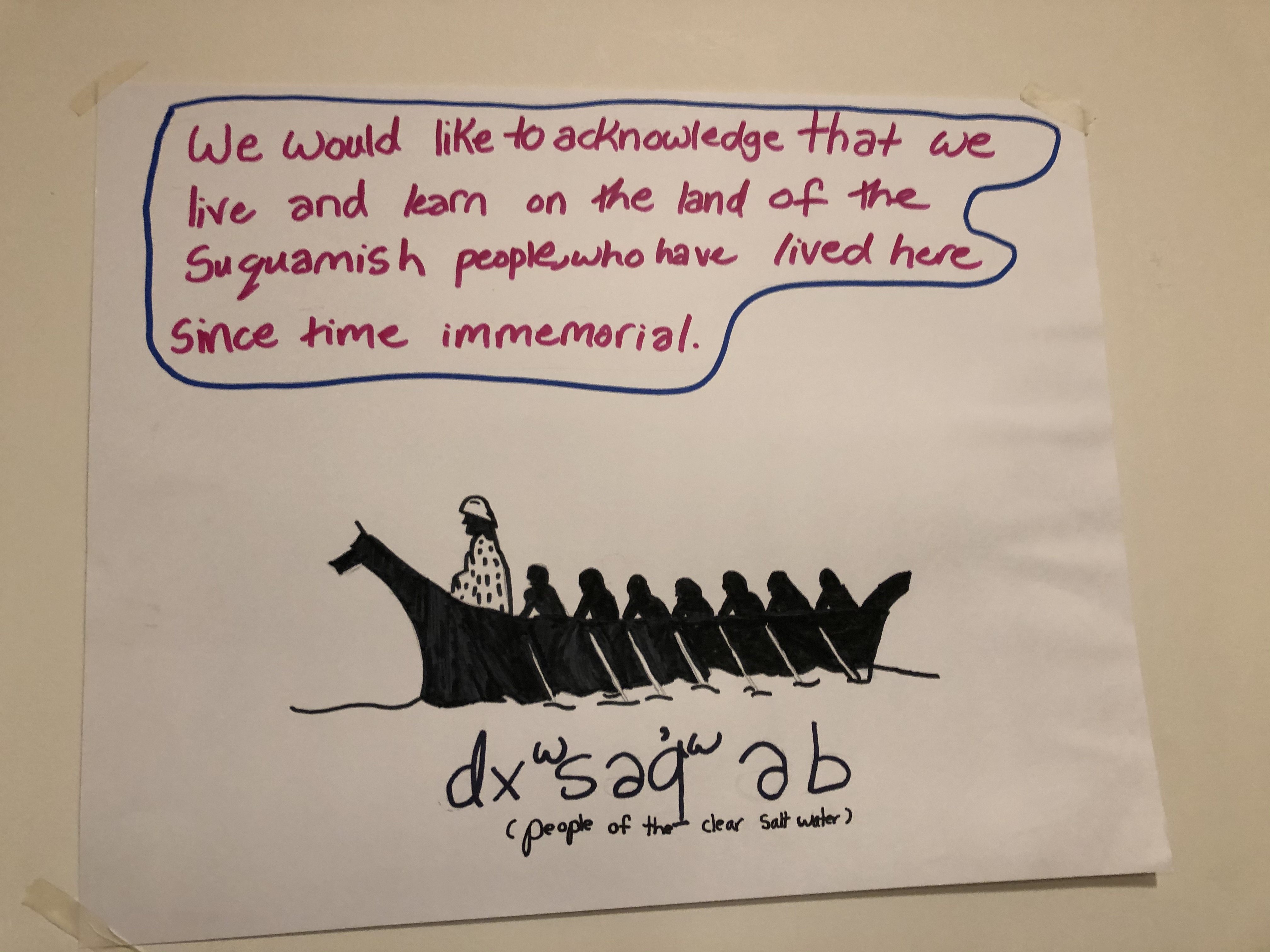 [Image description: one of the land acknowledgments that the Hyla Middle School students created. The text reads: "We would like to acknowledge that we live and learn on the land of the Suquamish people, who have lived here since time immemorial."]