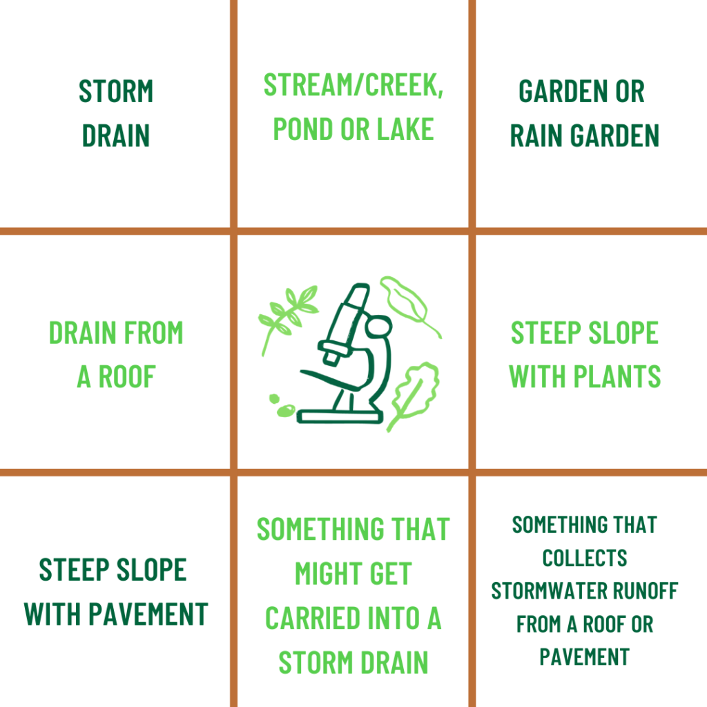 Trees, storm drains, and lawns may not seem to have much in common, but they are all stormwater features that you’ll find in our game of stormwater bingo!

Download and print your bingo sheet and then head out for a (safe, socially-distant) walk in your neighborhood to see how many features you can find!