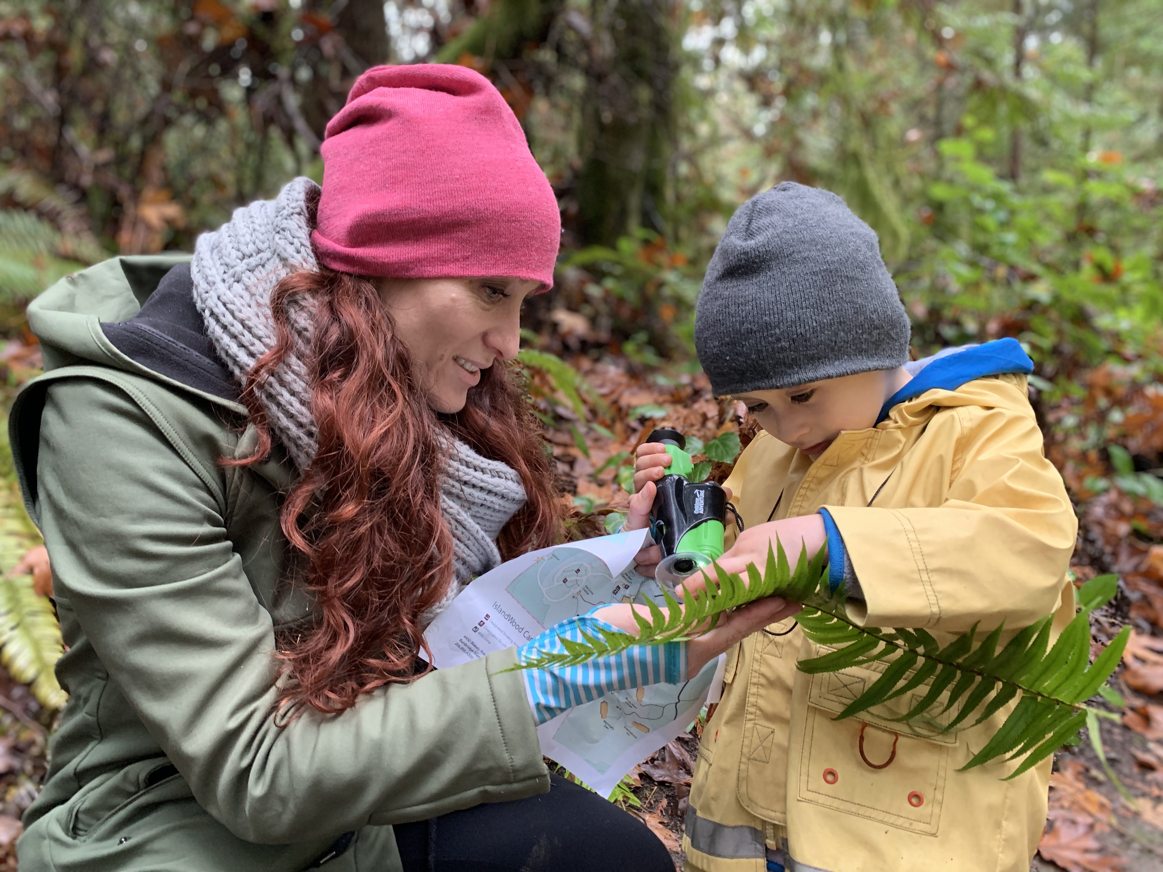 A parent investigates a fern frond with their child on IslandWood's Bainbridge Island campus.